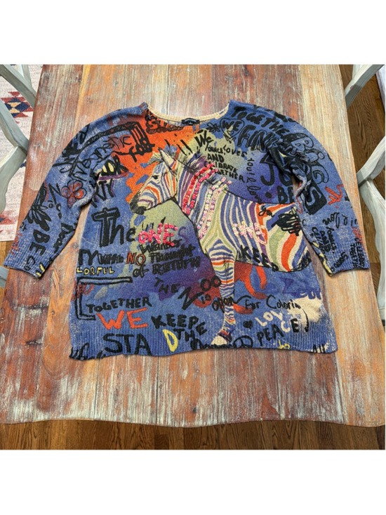 John Mark Sweaters - John Mark L Zebra Graffiti Graphic Knit Sweater Tunic Sequins Textured Artsy